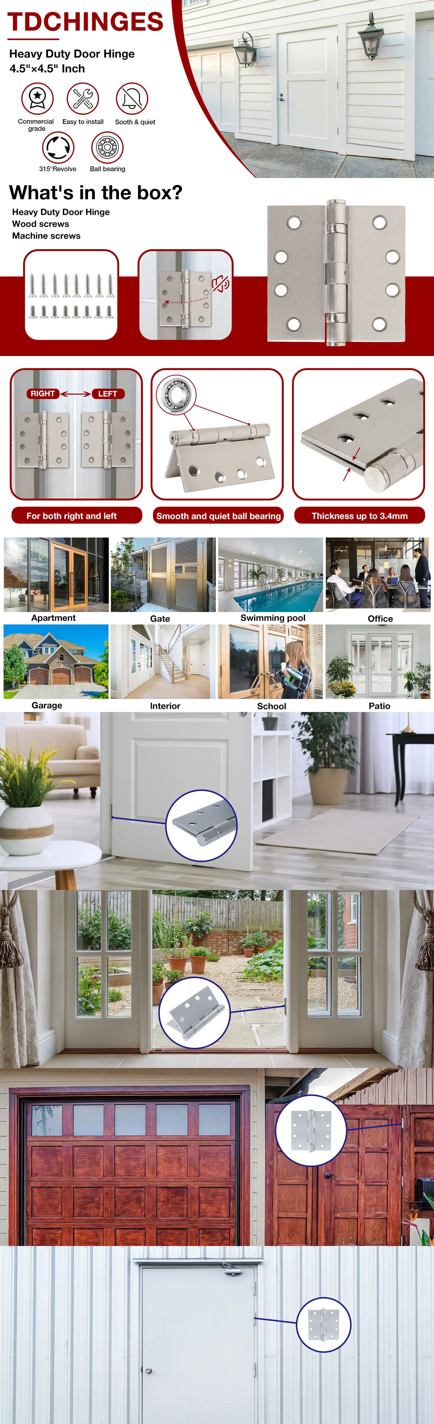 4.5" Heavy Duty Ball Bearing Door Hinges Details