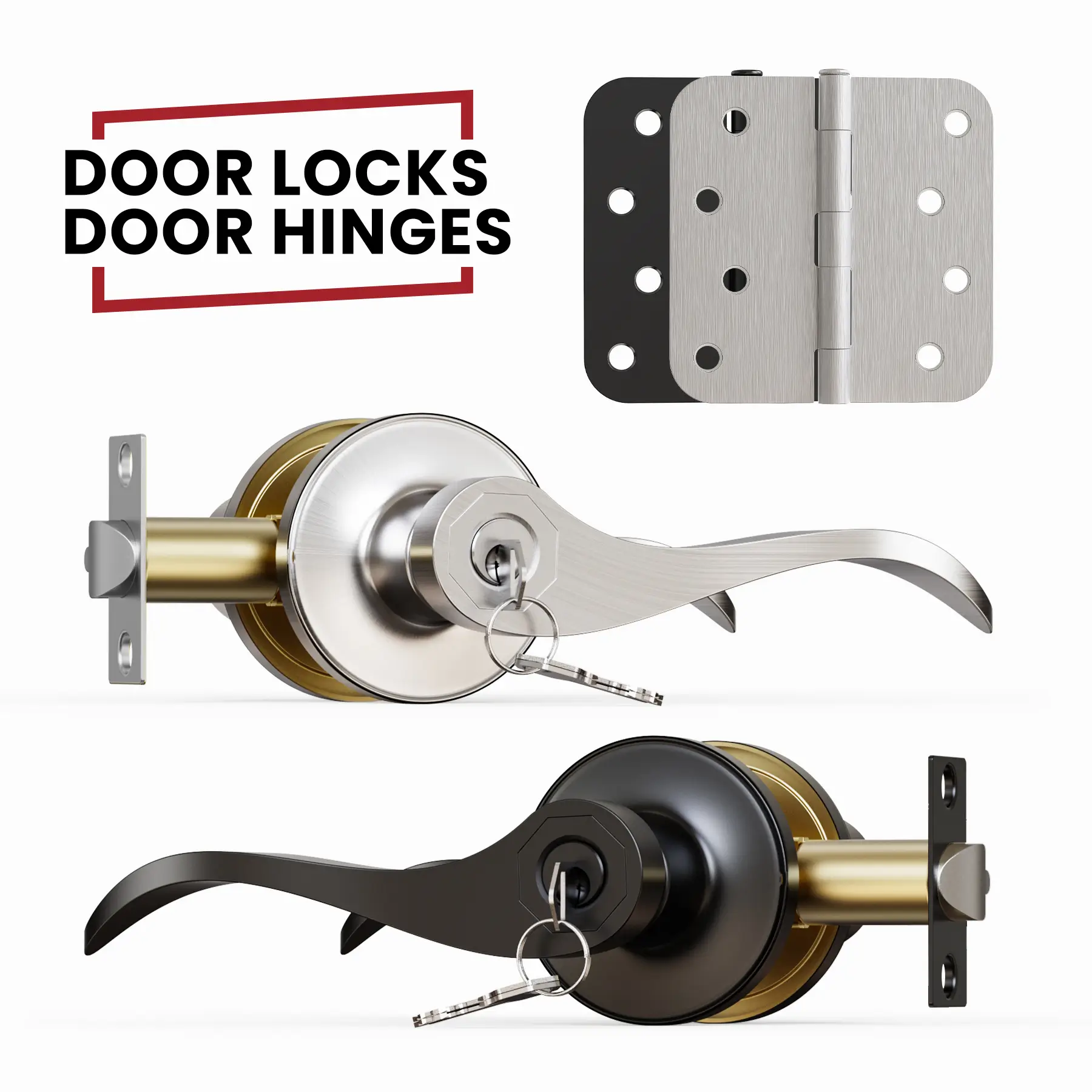 Door Handle Lock + 4" Hinges, 5/8" Radius