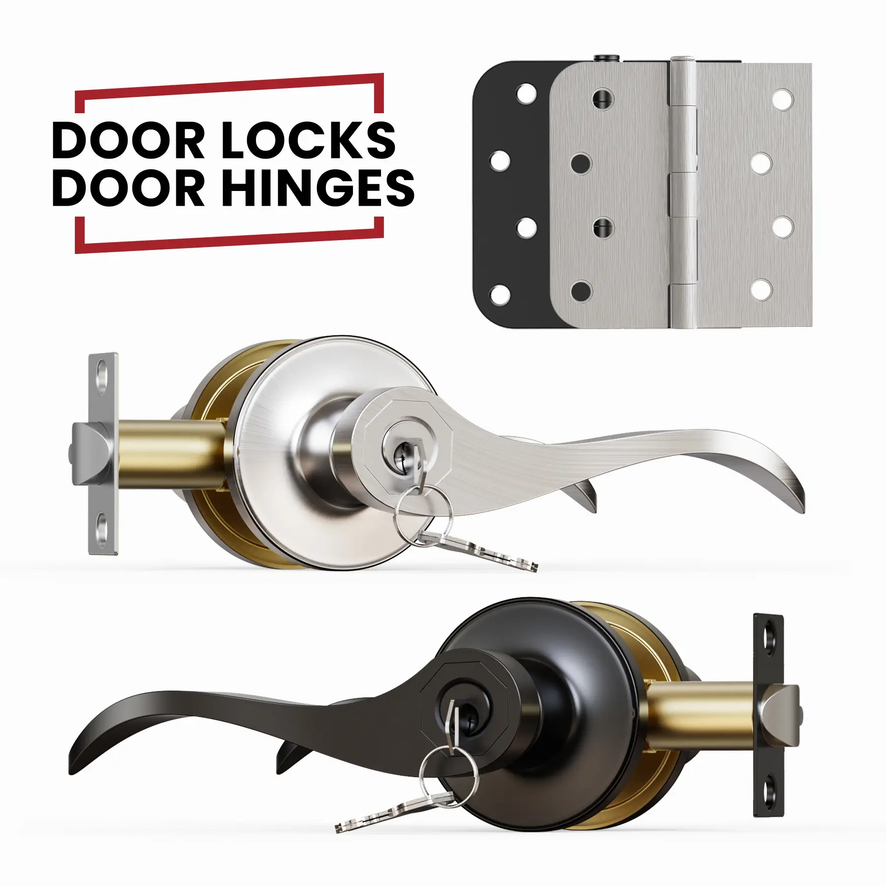 Door Lever Lock + 4" Square × 5/8"R Hinges